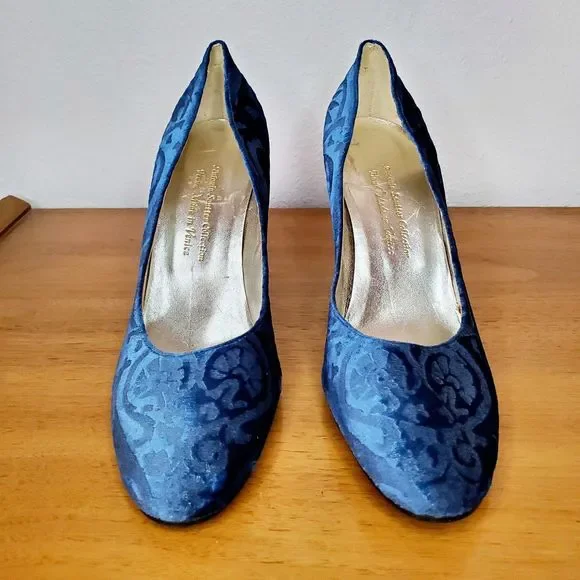 Antonia Sautter Collection Blue Velvet Damask Print Heels Shoes Handmade SZ 37 - Picture 3 of 12